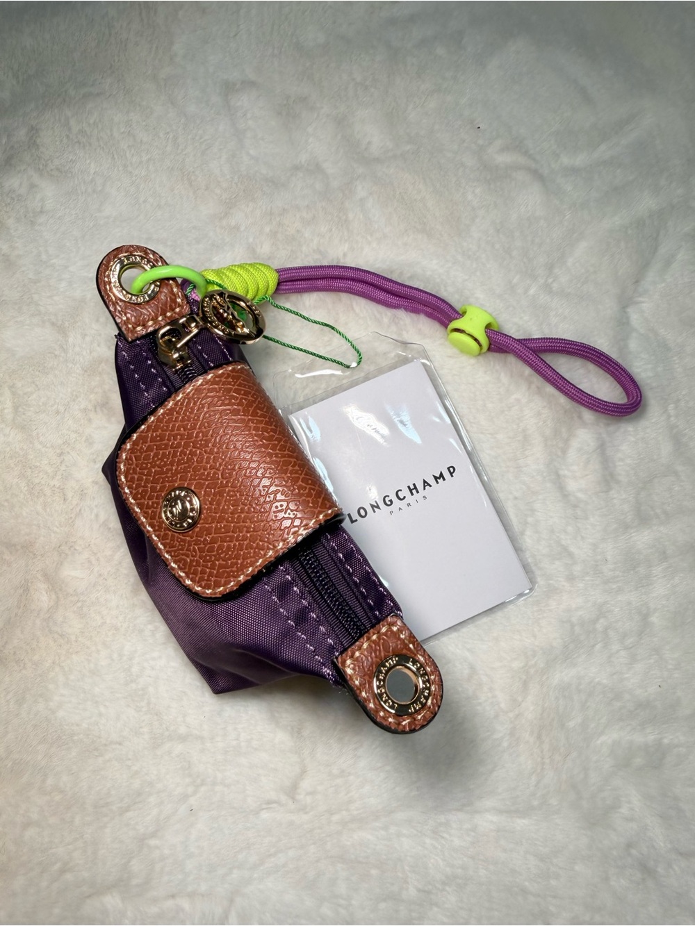 Purple Coin Pouch with Brown Leather Trim and Neon Wrist Cord - Picture 2 of 2